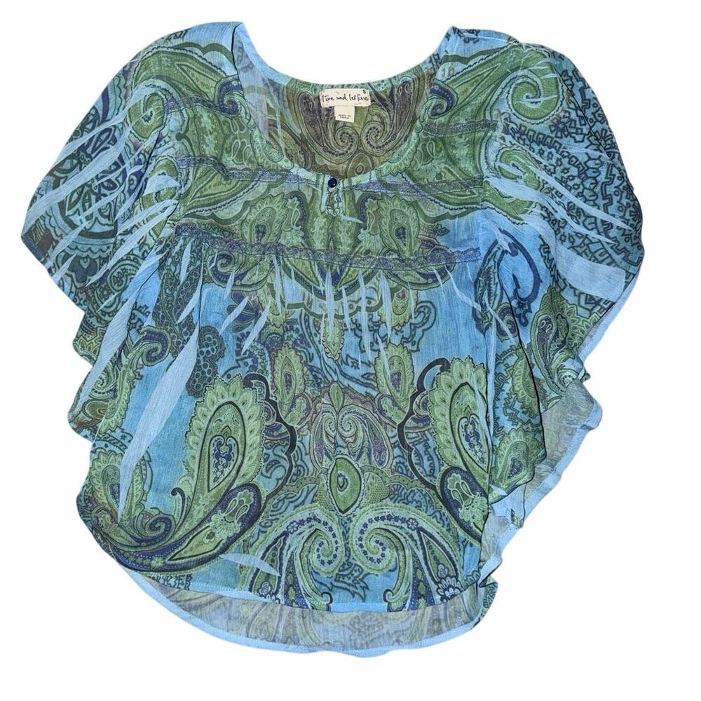 Love and let live blue green paisley print blouse top small flutter sleeves boho